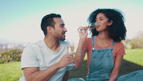 champagne, toast and couple on picnic in nature