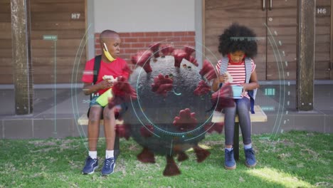 animación del alcance sobre la célula de covid-19 con niños enmascarados distanciándose socialmente comiendo en la escuela