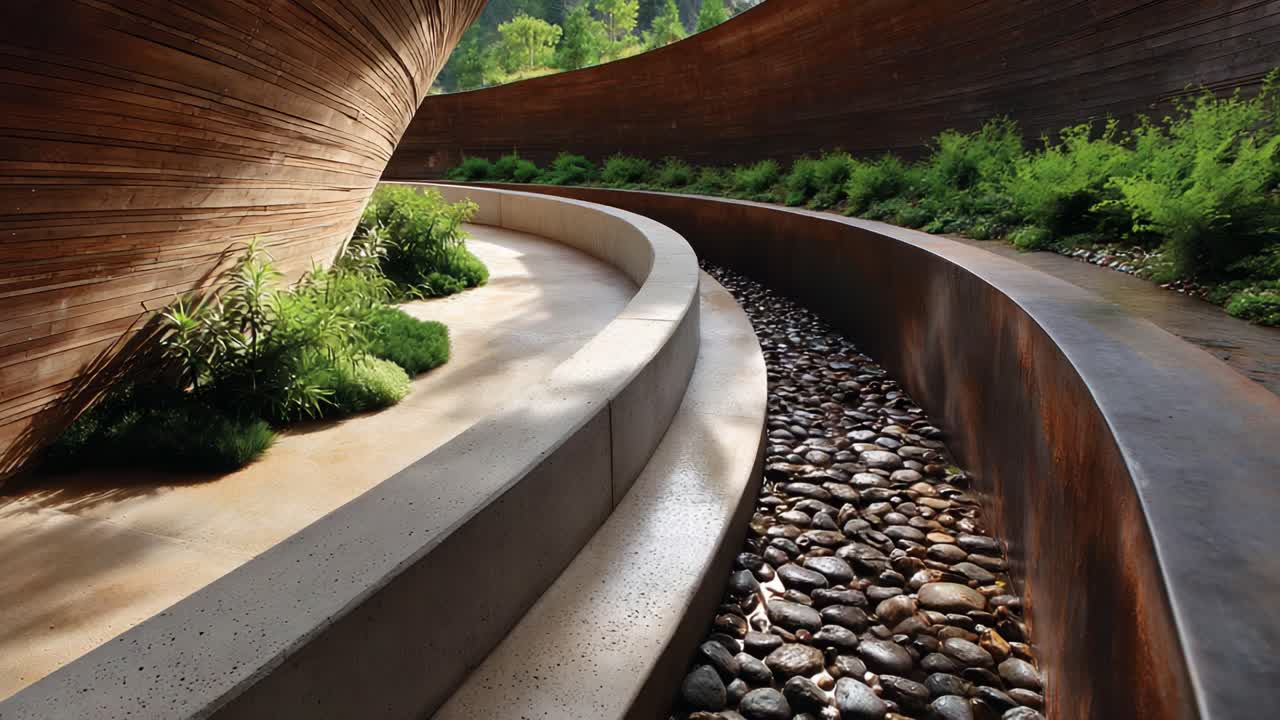 Ruhiger, geschwungener Weg, umgeben von üppigem Grün und Natursteinen, der moderne Architektur und harmonische Landschaftsgestaltung hervorhebt
