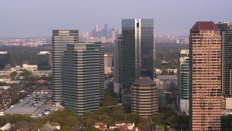 High-angle-drone-shot-of-buildings-and-surrounding-area-in-Uptown-Southwest-Houston