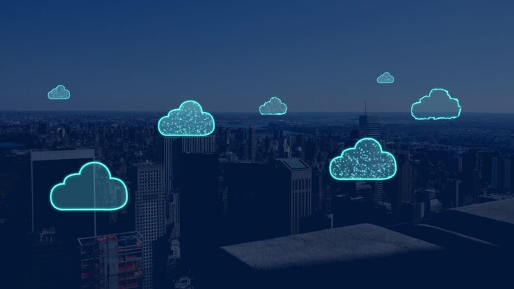 Animation of digital clouds flying over cityscape