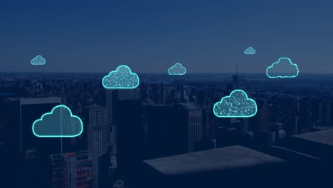 animation of digital clouds flying over cityscape