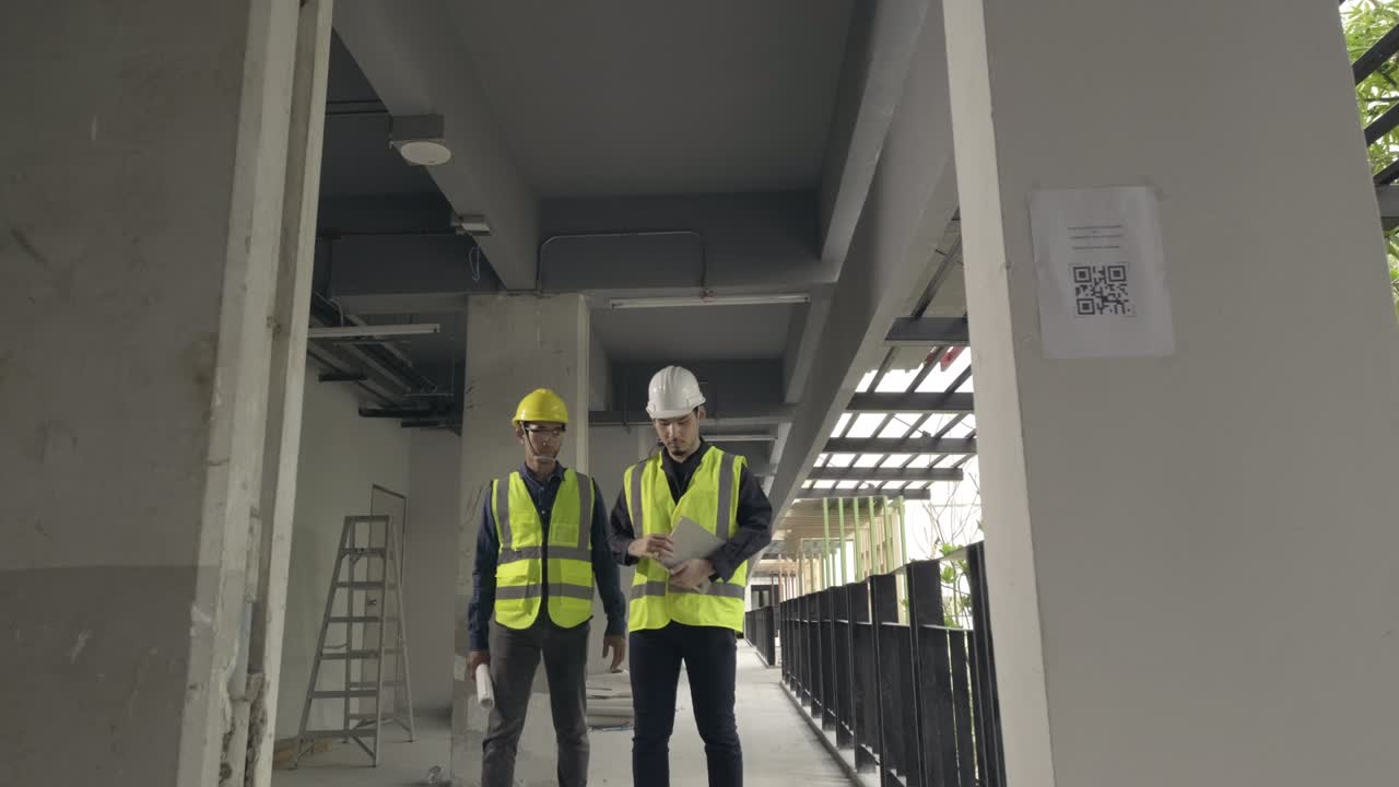 arquitecto y constructor trabajando juntos en la inspección del progreso del edificio.