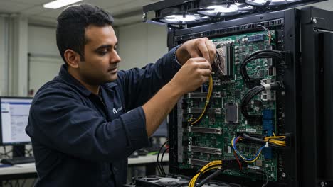 an engineer meticulously installs and adjusts components within a high-performance server rack, showcasing expertise in technology and attention to detail in electronics maintenance