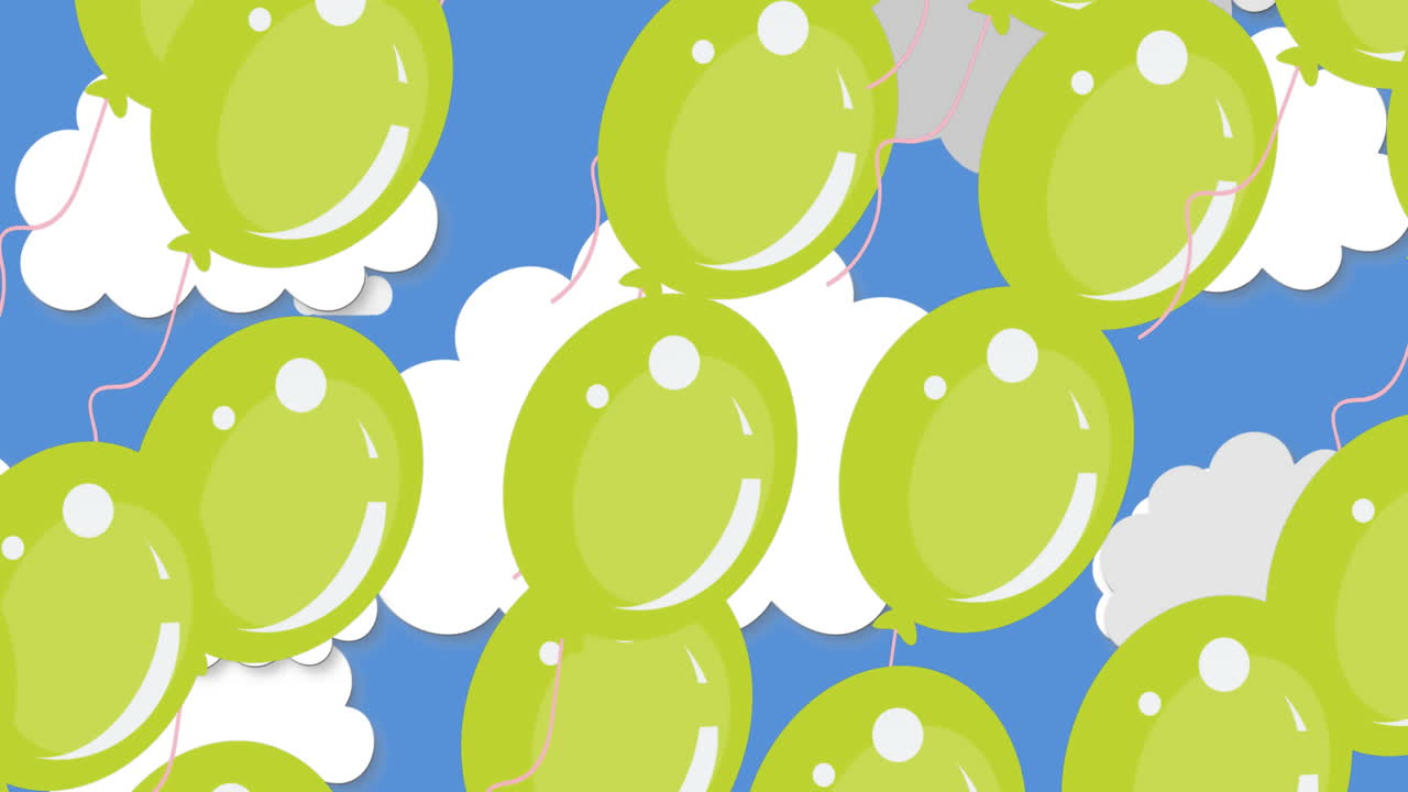 구름이 많은 하늘 위를 날아다니는 초록색 풍선의 애니메이션