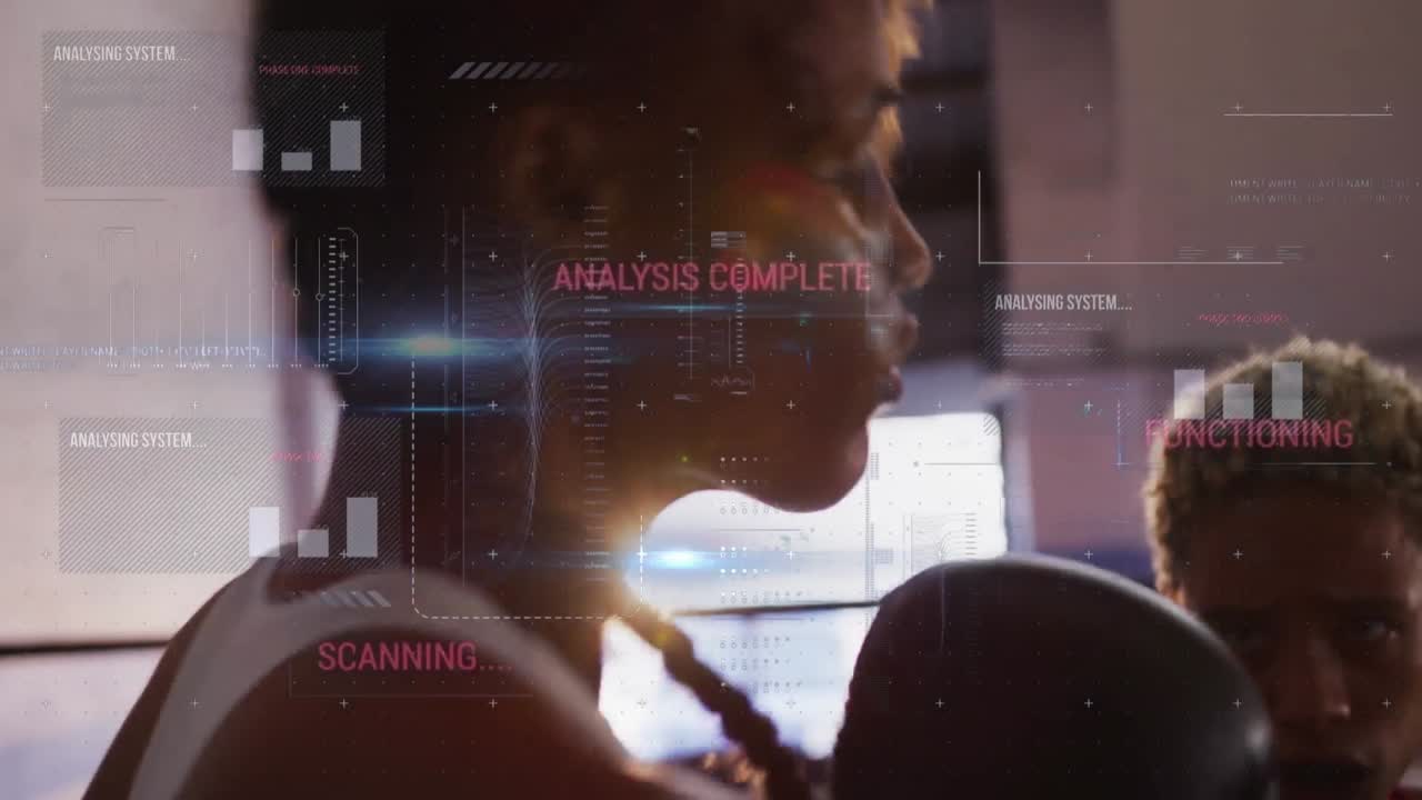 Animation of data processing over african american woman with coach at gym