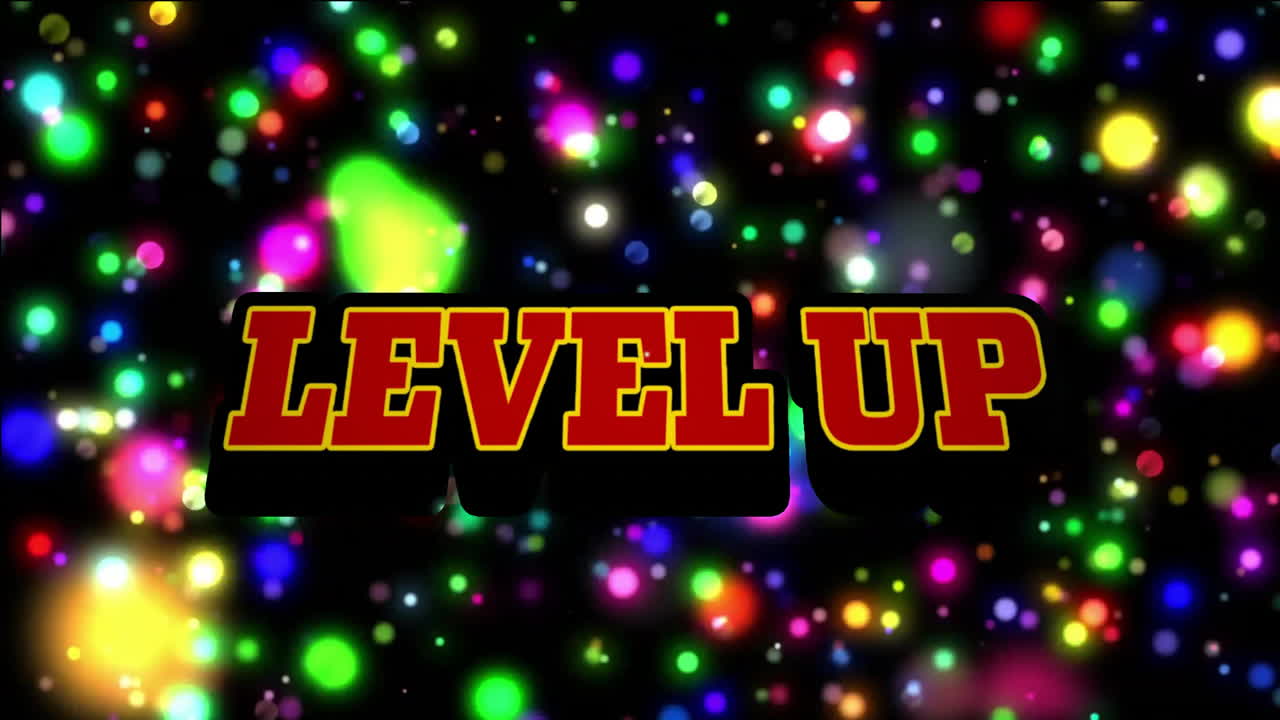 Level up text animation over colorful glowing lights on black background
