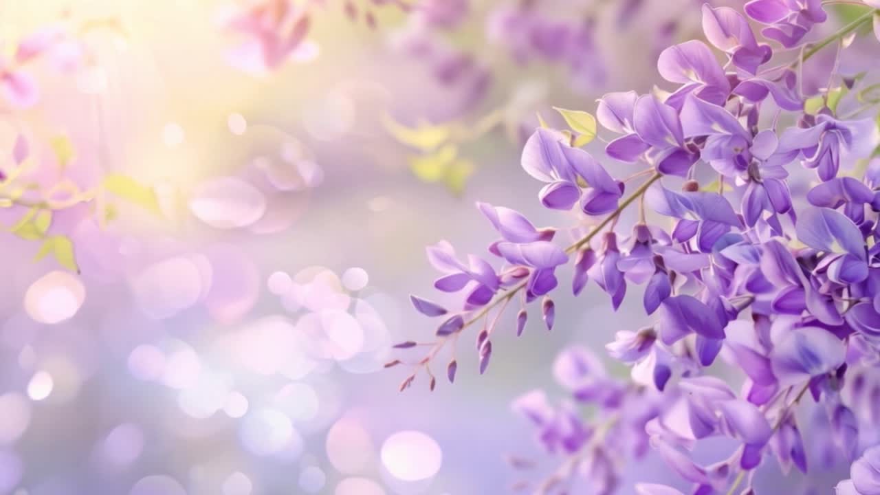 Beautiful Purple Wisteria Blossoms with Bokeh Sunlight