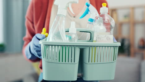 woman, hands and detergent basket for cleaning