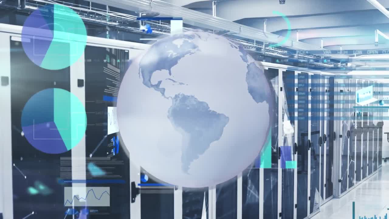 Animation of globe and financial data processing over computer servers