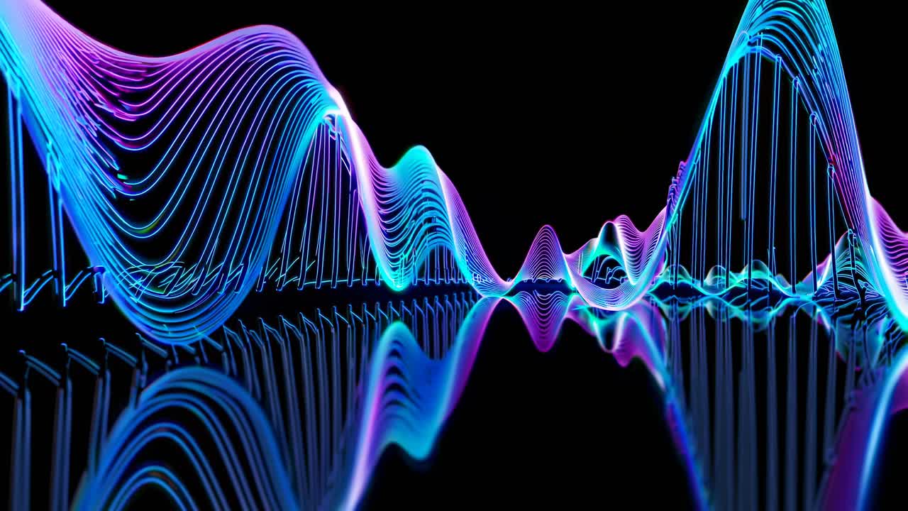Abstract video concept with neon light waves on a black background