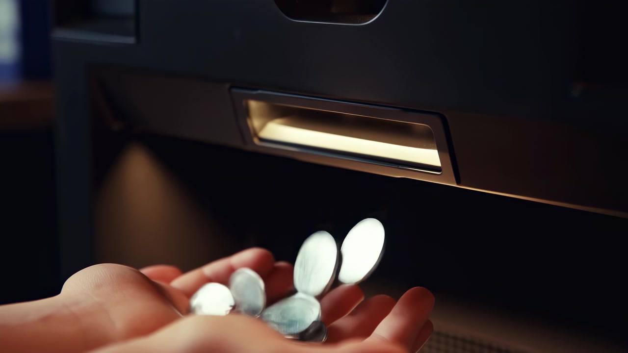 Close view of metal coins dispensing from illuminated kiosk tray into cupped hand, with falling currency, bright reflections, and tactile payment exchange in motion, with coin, payment, vending