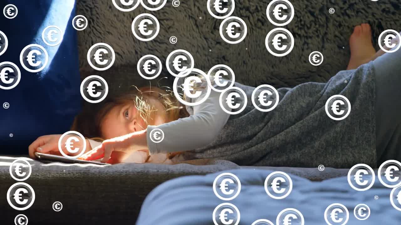 스마트 폰을 사용하는 백인 소녀 위에 유로 기호의 애니메이션