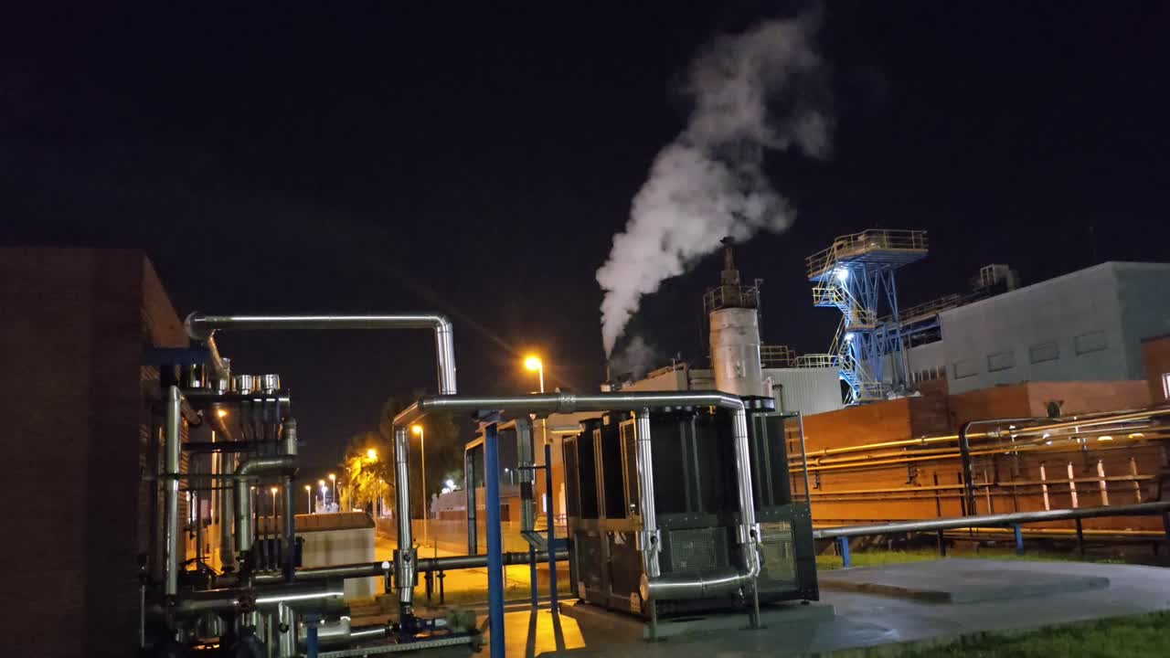 General shot at night in a chemical factory with starry sky and steam chimney releasing steam