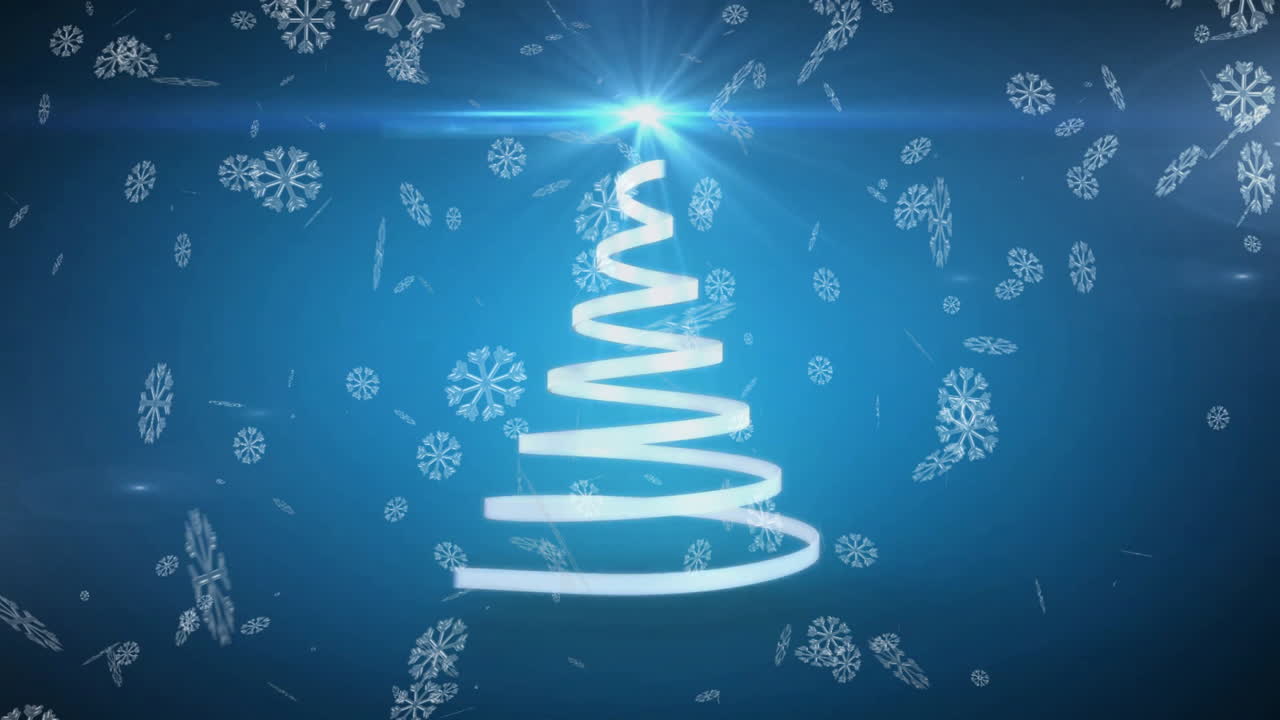 Glowing spiral tree with animation of falling snowflakes on blue background