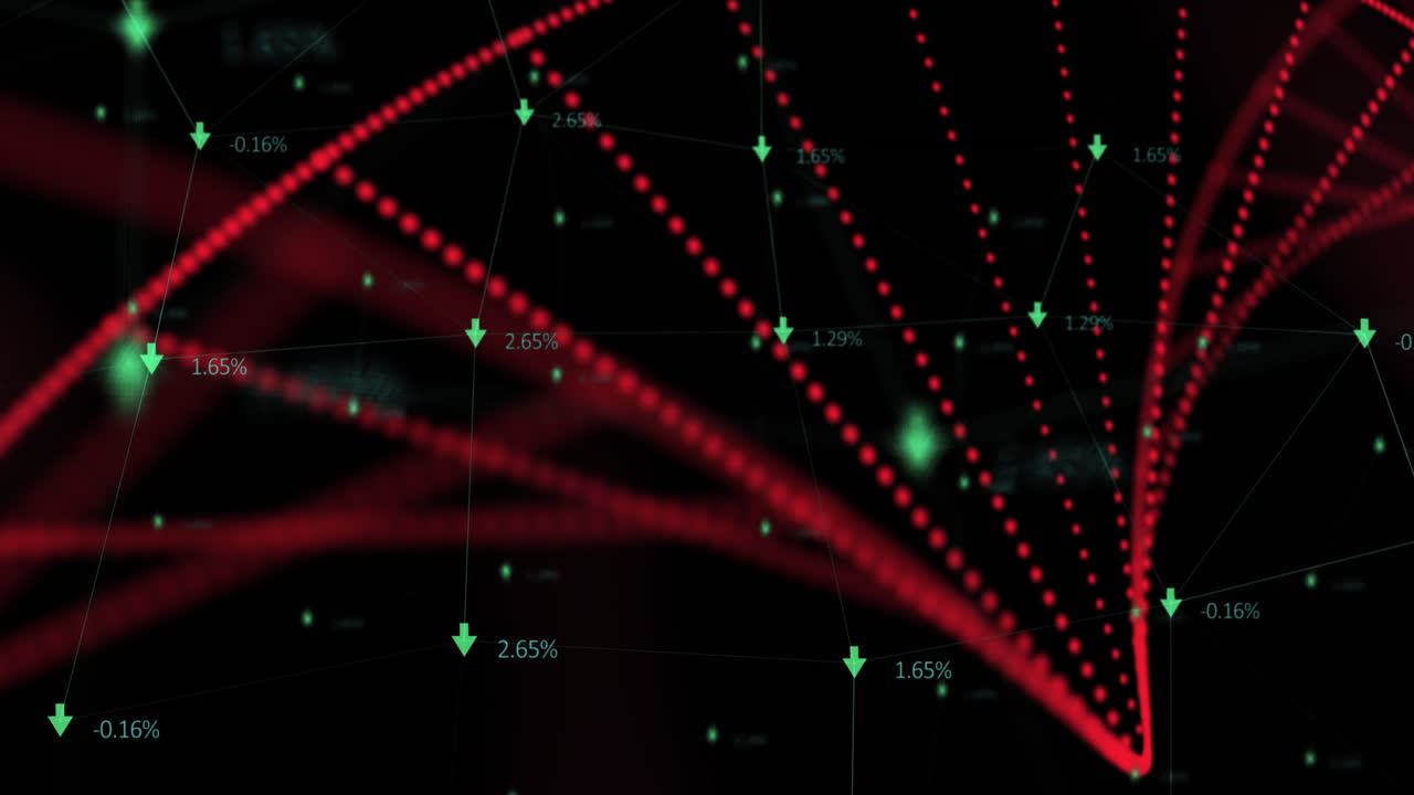 Digital animation of dna structure spinning against network of connections on black background