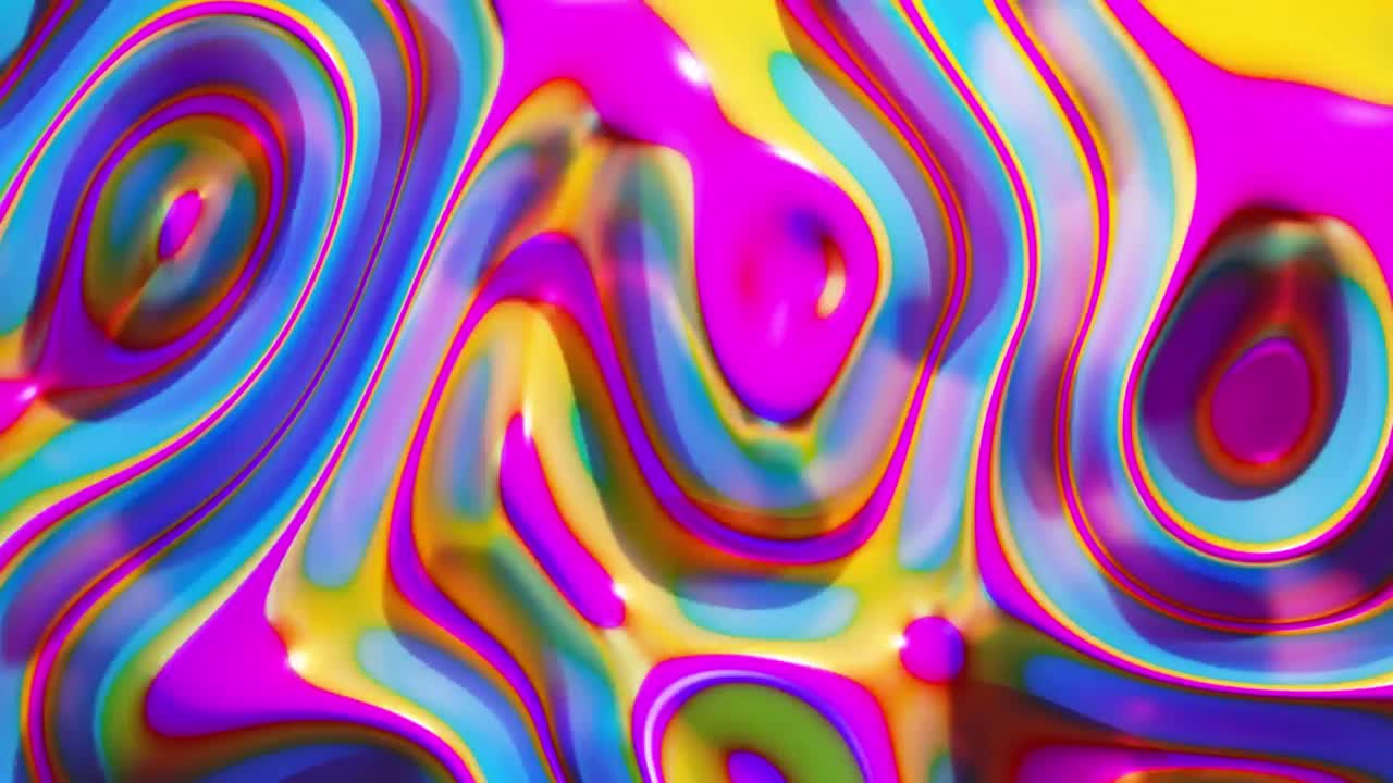 Animace barevných azurových, purpurových a žlutých 3D tekutých tvarů vlnících se a vířících.