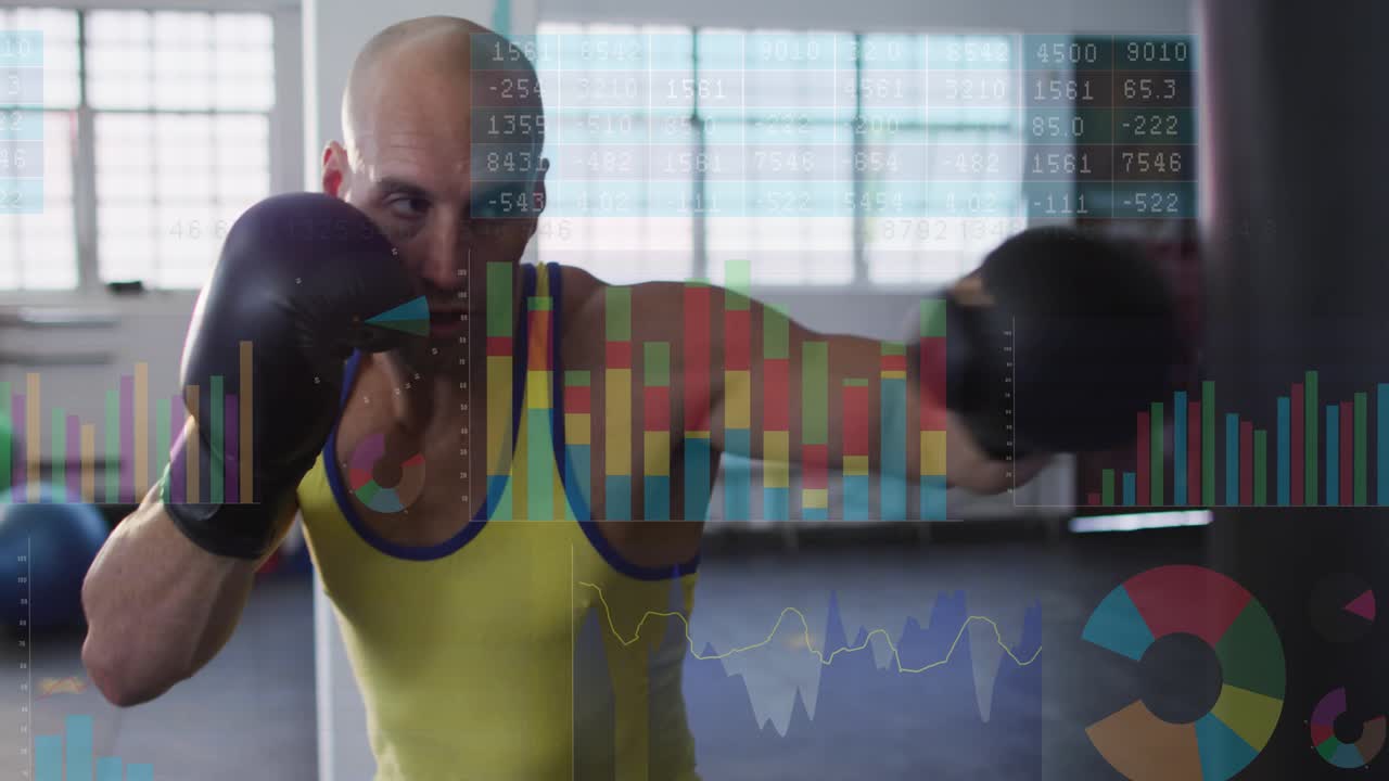 Male boxer training, holding guard and fixing eyes on bag, throwing punches while charts tracking