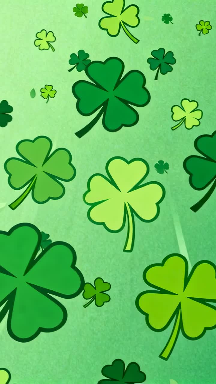 Vertical video: Loop starting 4-leaf clovers shifting on green paper backdrop for wallpaper