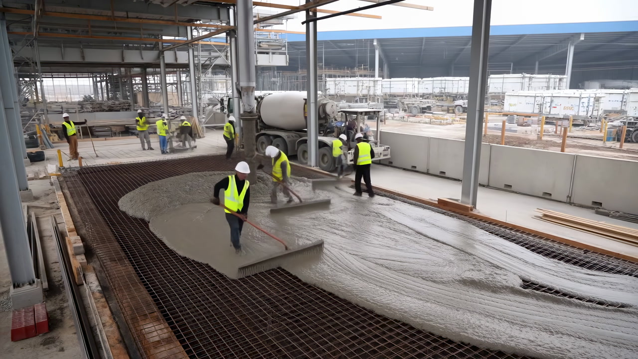 Construction Crew Pouring Concrete Slab At Terminal, Cement Truck And Pump Boom Deliver Mix, Workers