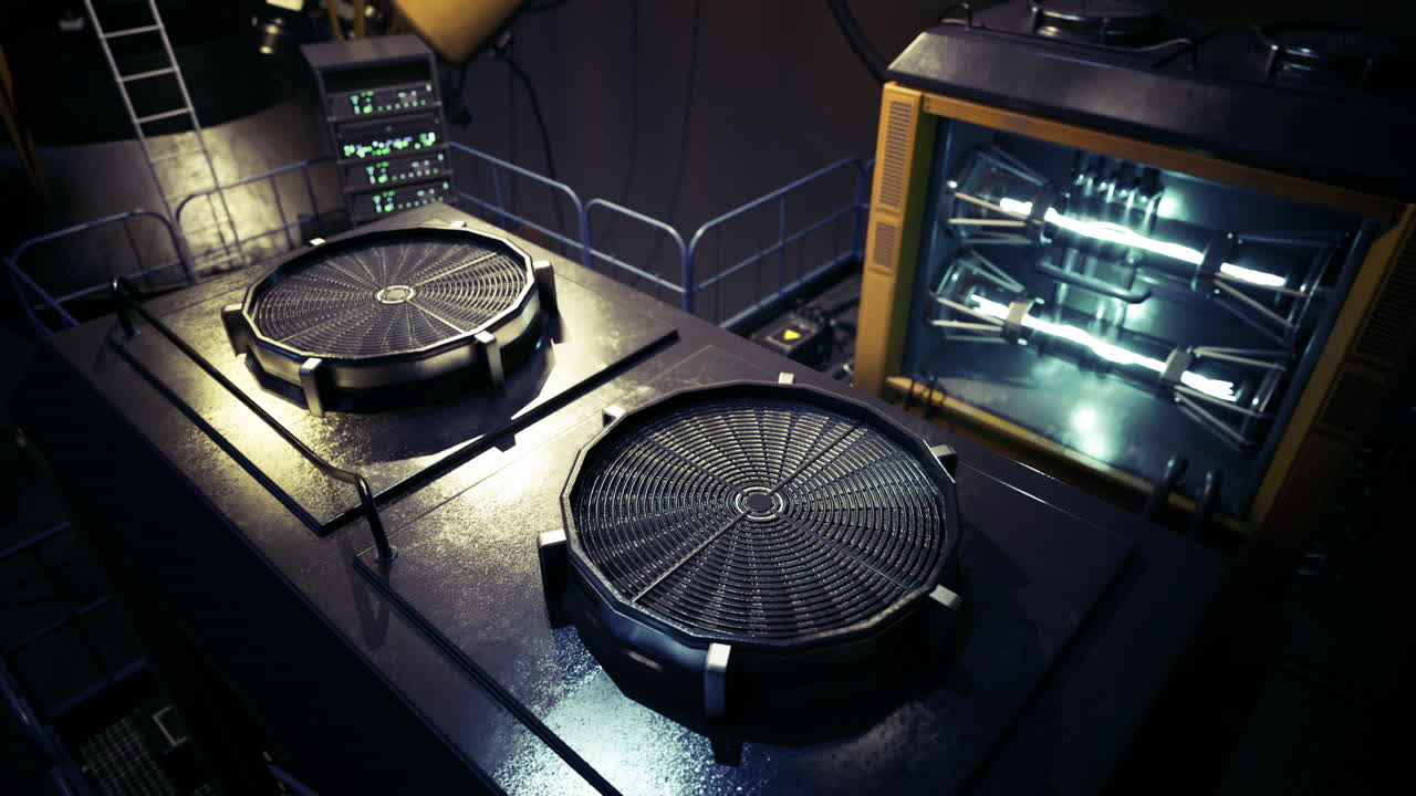 Complex machinery with cooling fans in a futuristic environment