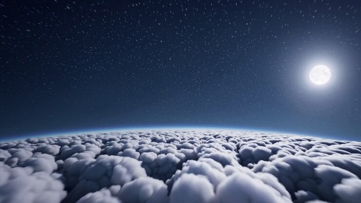 Aerial video view of fluffy clouds under a starry night sky with a full moon, creating a serene