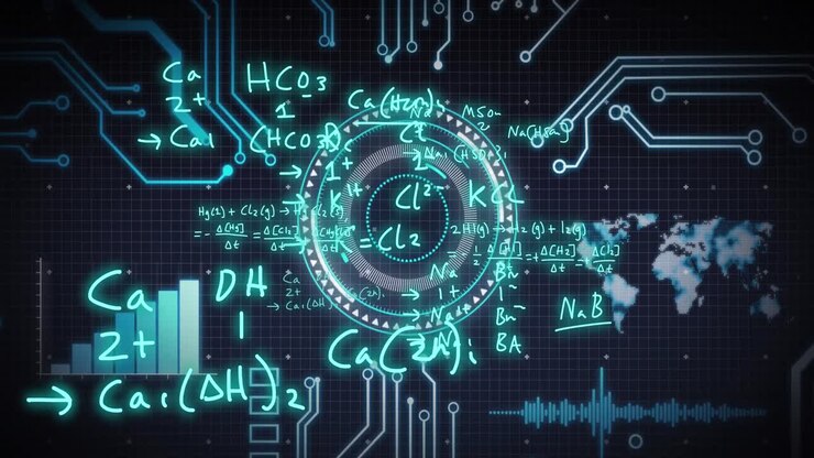 Animation of mathematical equations over scope scanning, world map and data processing