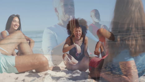 group practicing beach yoga under sunny sky, interacting with animated heart icons and wave chart
