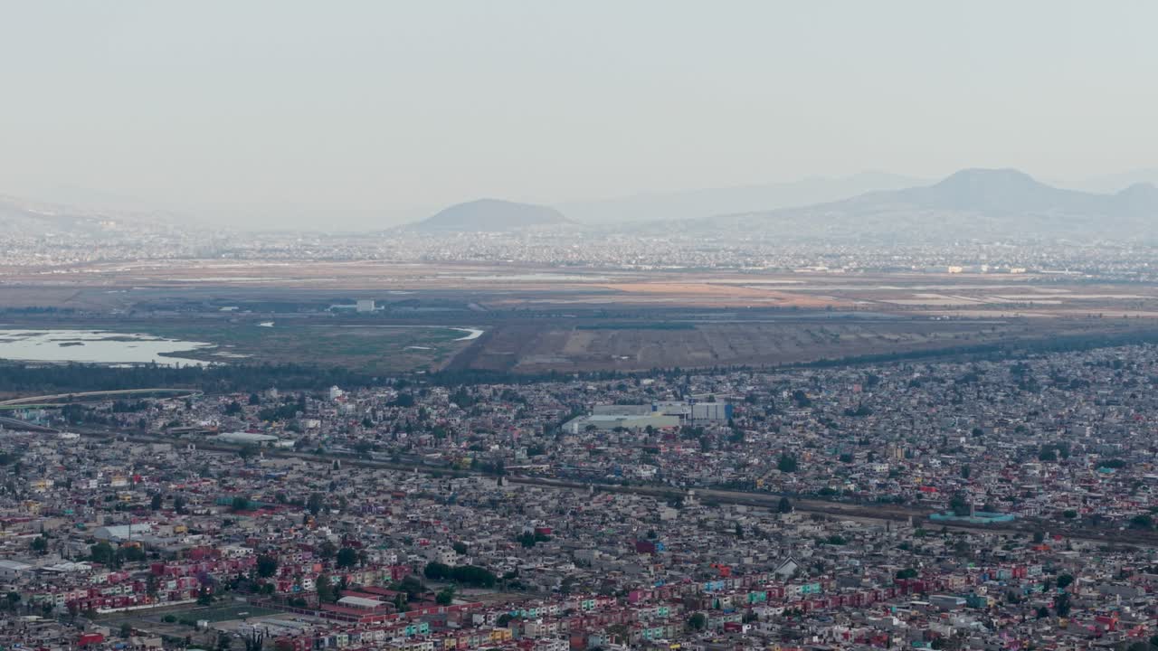 Aerial telephoto view of lake area in Valley of Mexico, close to Lake Texcoco