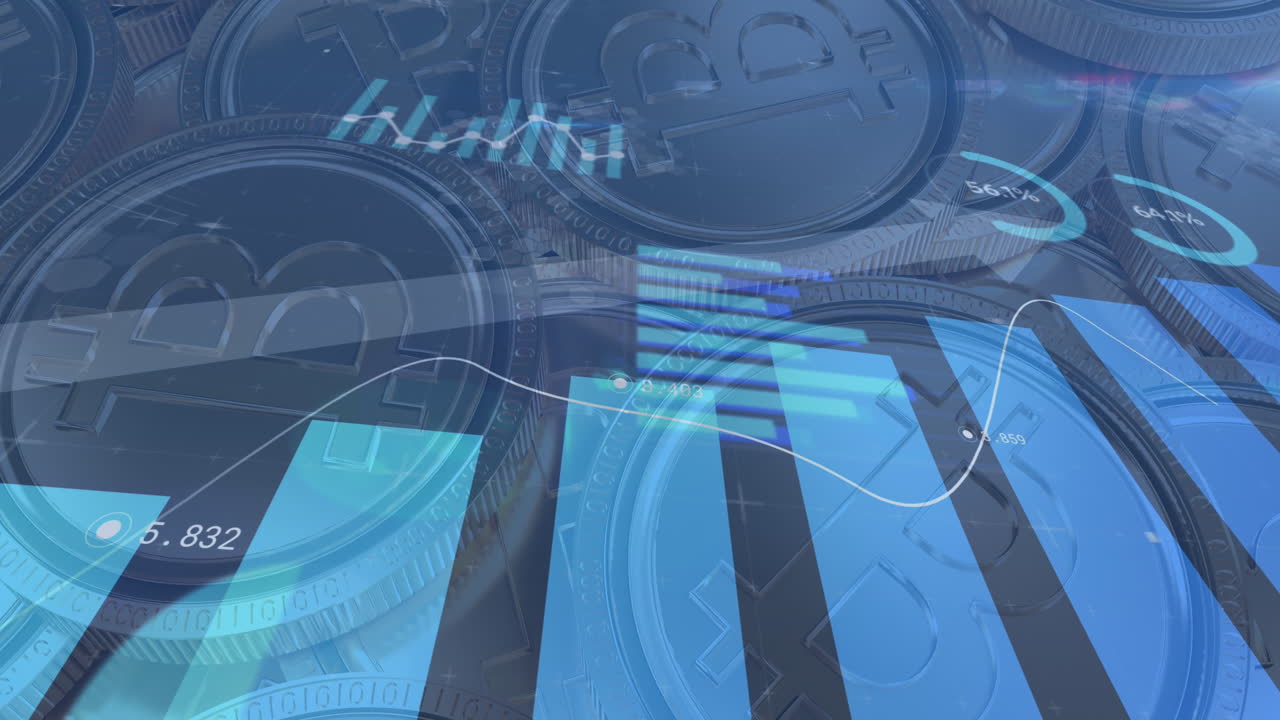 비트코인 위에 내려가는 빨간 화살표와 함께 금융 데이터 처리의 애니메이션