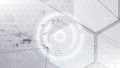 animation of hexagons over network of connections on grey background