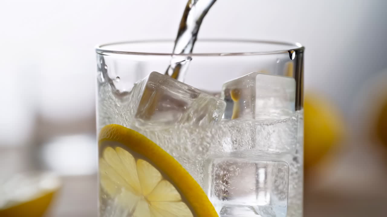 Closeup Lemon Slice With Ice, Water Pouring Into Clear Glass Creating Bubbles And Condensation, Studiolit