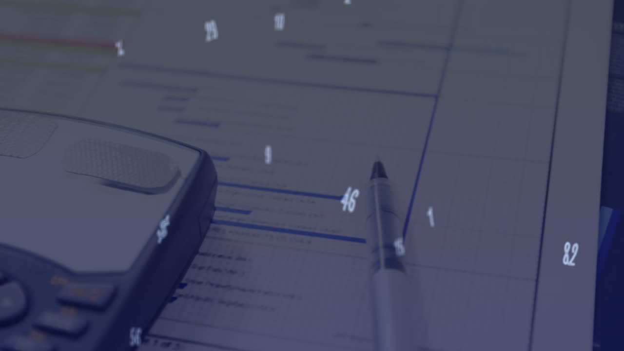 Digital composition of multiple numbers falling against multiple equipment on office desk