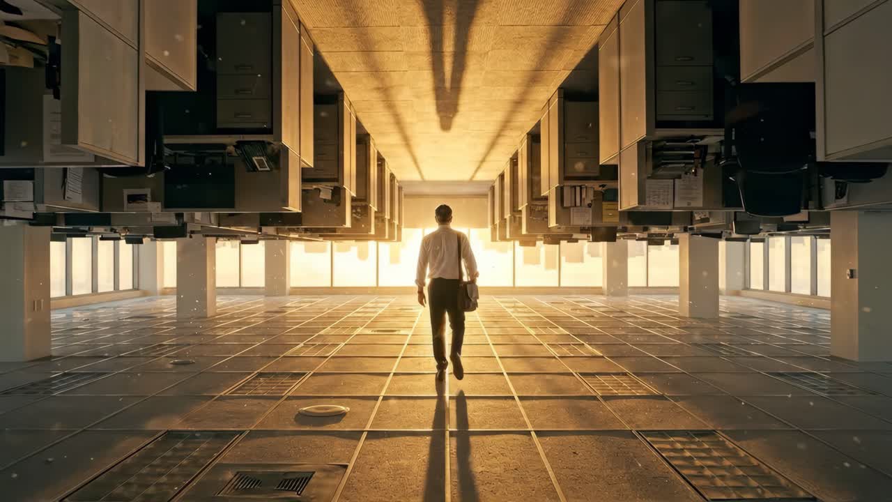 Man Walks Through Surreal Upside-Down Office at Golden Hour