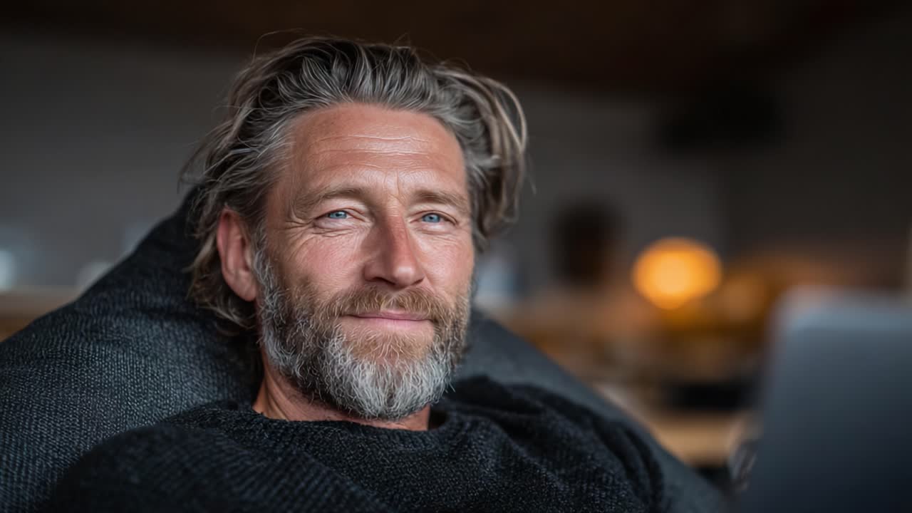 Relaxed Man with a Distinct Beard Enjoying Leisure Time at Home, Capturing Moments of Serenity and Contentment in a Cozy Living Space