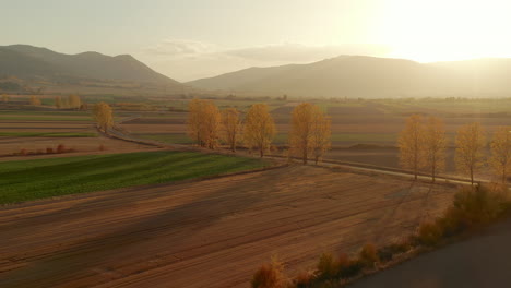 bright sun shining over the agricultural fields and mountain during autumn in sunrise