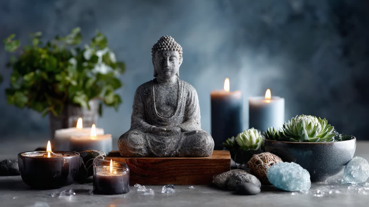 Una serena statua del Buddha circondata da candele ed elementi naturali, creando un'atmosfera tranquilla per la consapevolezza e la meditazione