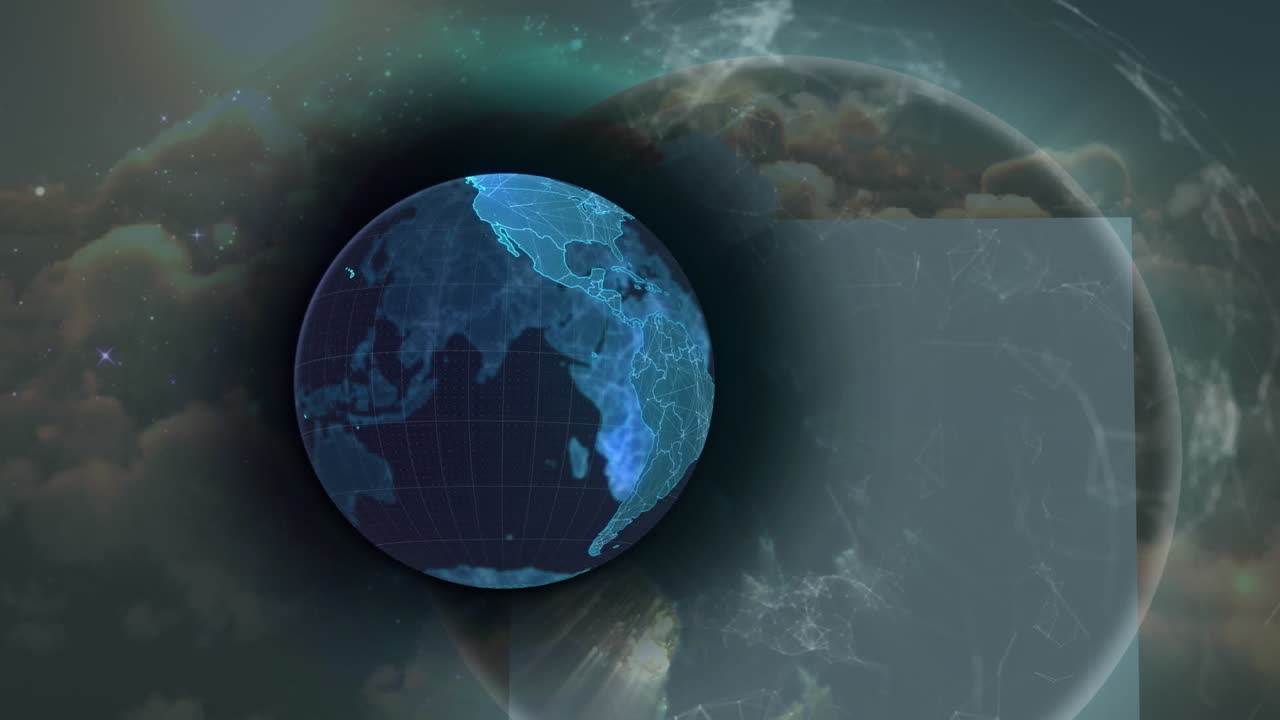 지구의 애니메이션과 하늘 위의 연결 네트워크