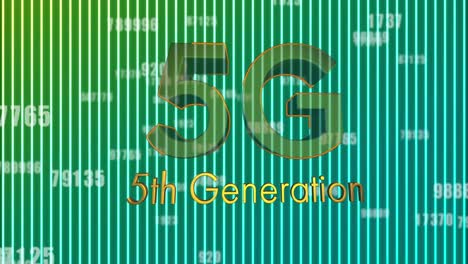 animation of 5g 5th generation text and numbers changing over glowing green to blue lines in backgro