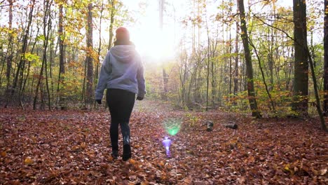 slow motion walk of young woman through forest full of autumn leaves