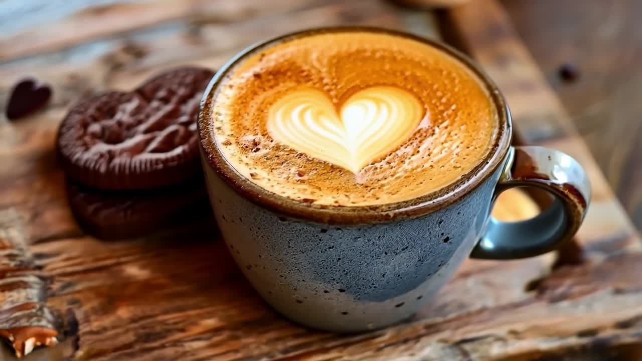 una taza de café con un corazón dibujado a su lado junto a una galleta en forma de corazón