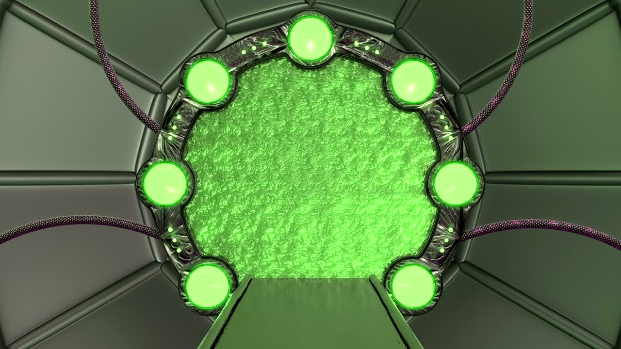 la escotilla de hierro abre una vista panorámica a la escena del paisaje de la nave espacial. fondo abstracto 3d de corredor de ciencia ficción con portal. tecnología futurista abstracto vj para títulos tecnológicos y fondo.