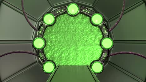 iron hatch opens panoramic view to the spaceship landscape scene. 3d abstract background of sci-fi corridor with portal. futuristic technology abstract vj for tech titles and background.