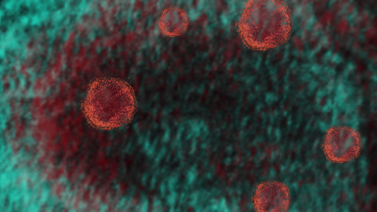 Microscopic animation of red corona virus particles moving apart on beautiful turquoise background