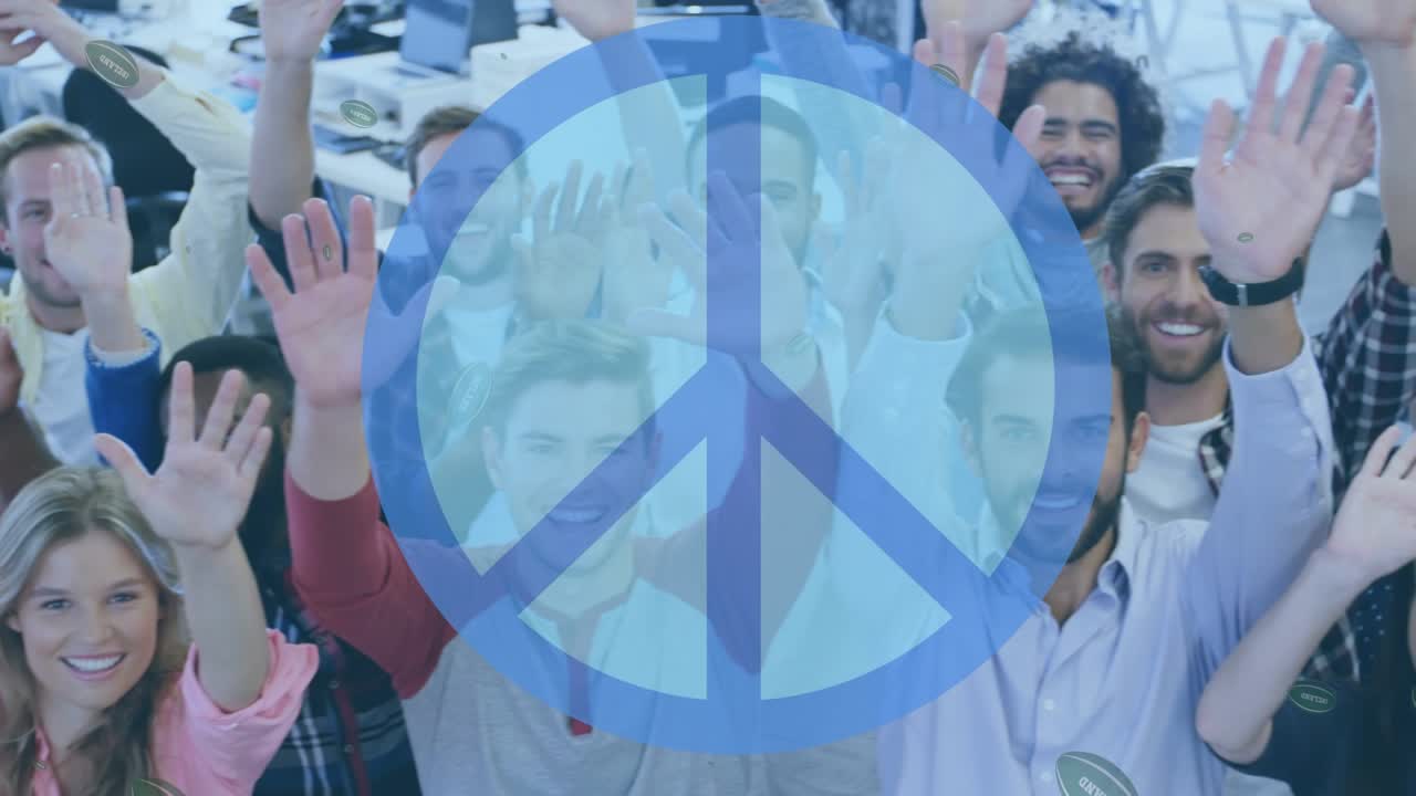 Animation of peace icon over diverse business people in office