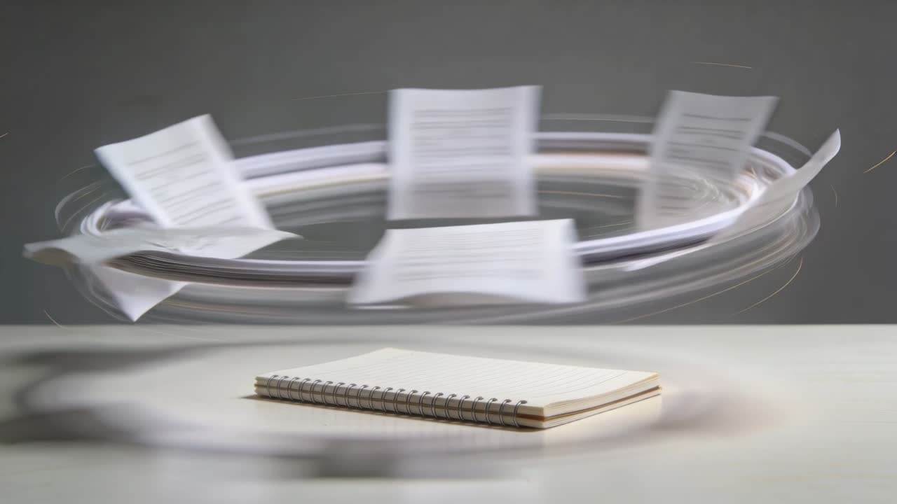 Lifting loose sheets forming rotating ring above spiral notebook on gray table casting blur trails