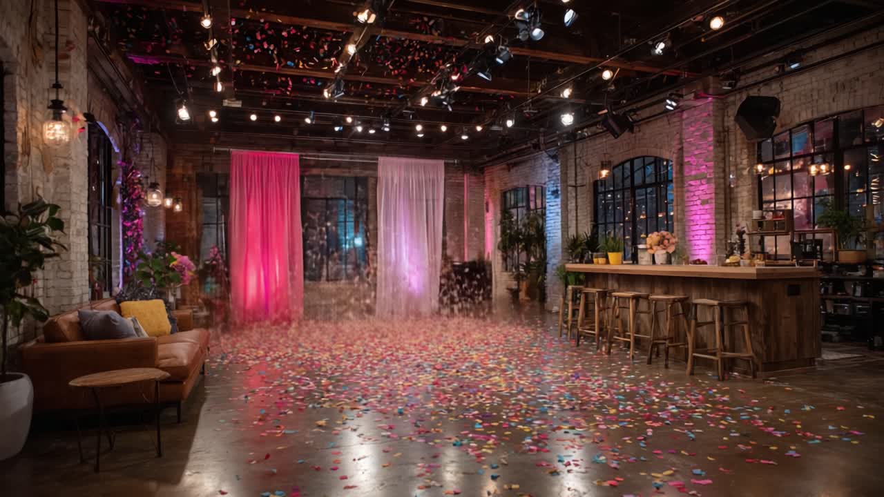 A Vibrant Celebration Space With Colorful Confetti and Soft Lighting, Perfect for Events and Gatherings, Featuring Cozy Seating and a Chic Bar Area