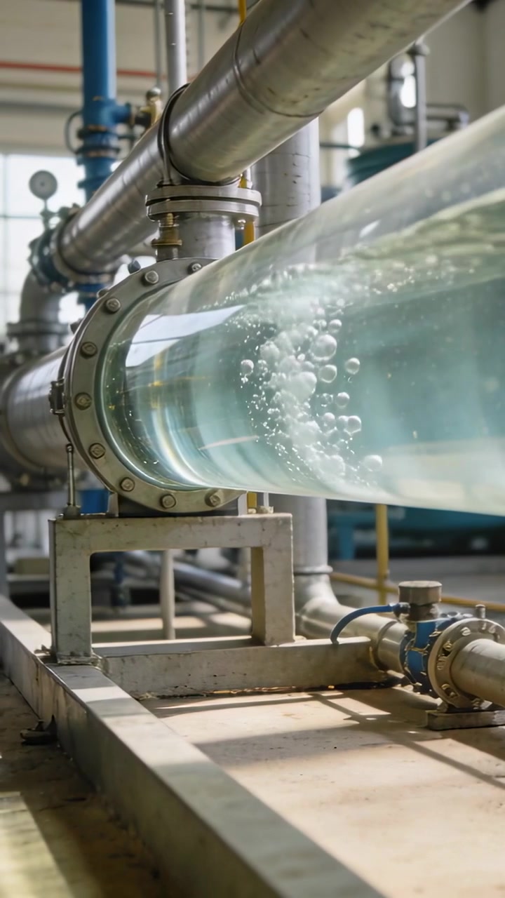 Vertical video: Showing sight glass pipe carrying rising bubble column as flow starting at plant