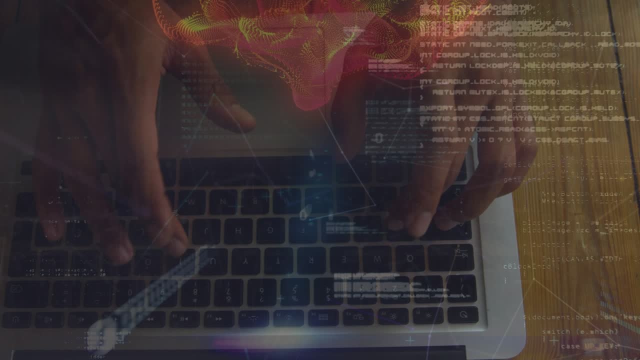 Animazione di un'onda digitale e elaborazione dati sul busto di una persona che usa un laptop