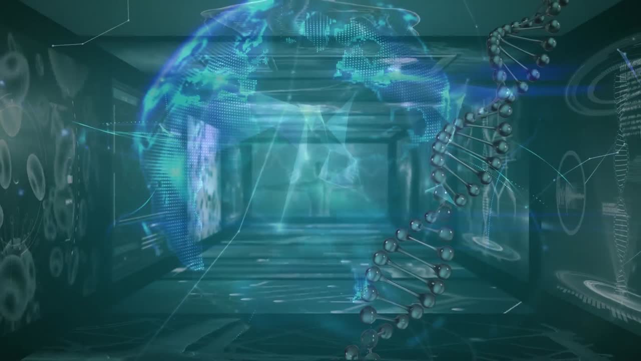 스크린에서 과학적 데이터 처리에 대해 회전하는 dna 가닥의 애니메이션